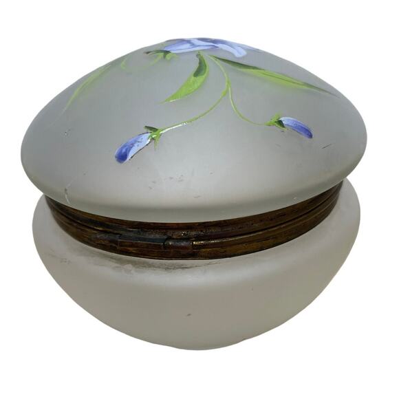 Vintage Hand Painted Clear Frost Hinge Lid Vanity Jar Floral Good Used Condition - Picture 3 of 9